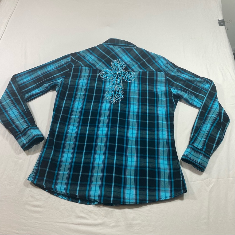 Cowgirl Pearl Snap Button Shirt Plaid long sleeve Blue white rodeo Western Shirt - Picture 8 of 9